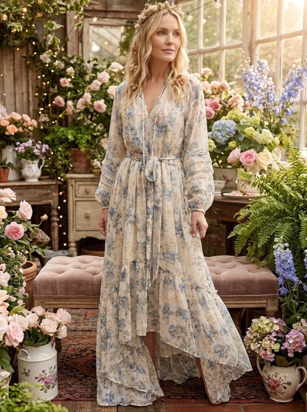 BCBGMaxAzria Sea Salt Combo Floral High-Low Dress